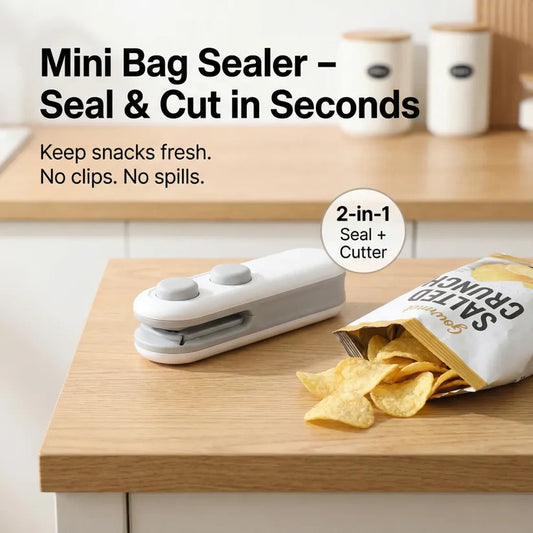 Mini Bag Sealer & Cutter – USB Rechargeable 2-in-1 Food Packet Sealing Machine