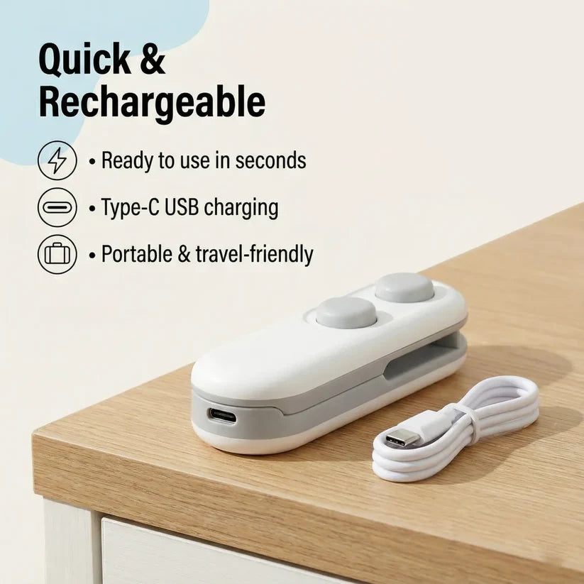 Mini Bag Sealer & Cutter – USB Rechargeable 2-in-1 Food Packet Sealing Machine