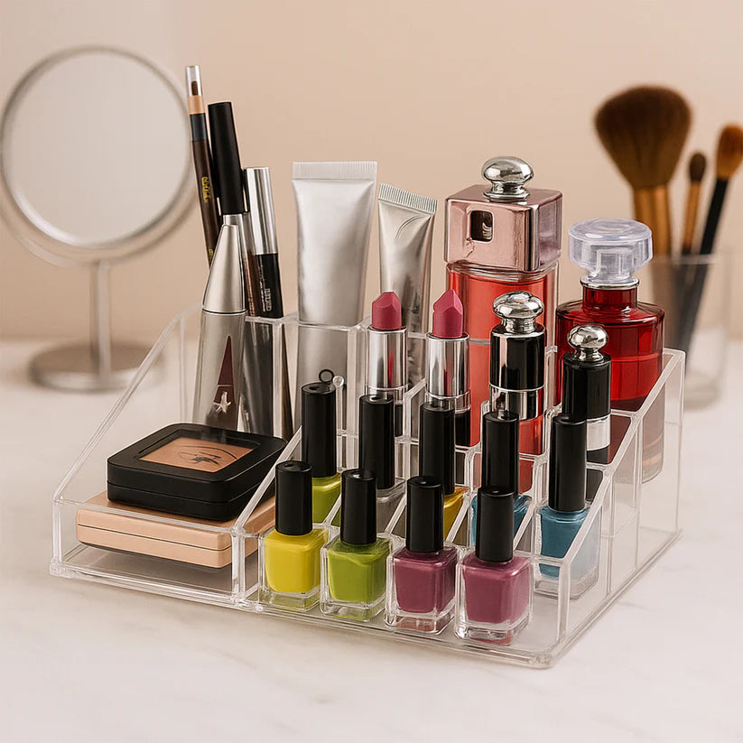 16 Compartment Clear Acrylic Makeup Organizer – Cosmetic & Jewelry Storage Holder